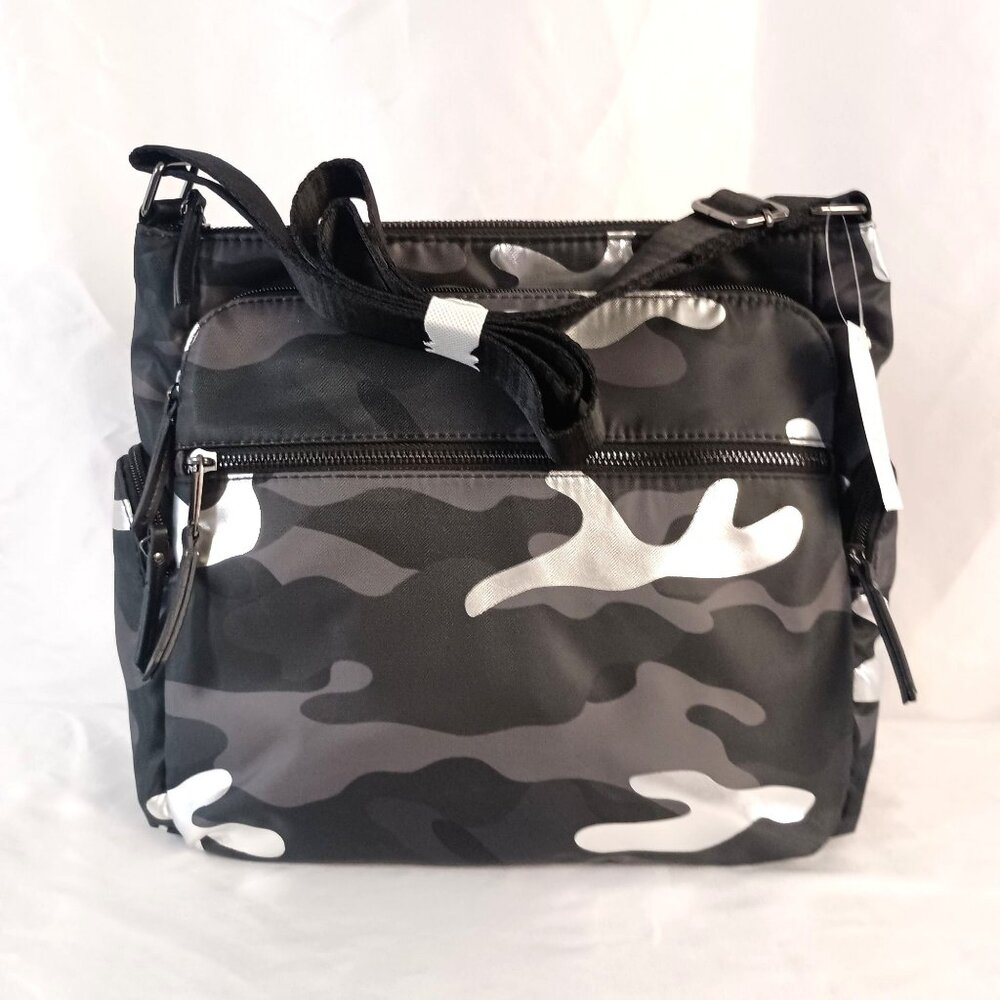 Time and Tru Brooke Gray Camo Nylon Crossbody Bag Multi Pocket NWT